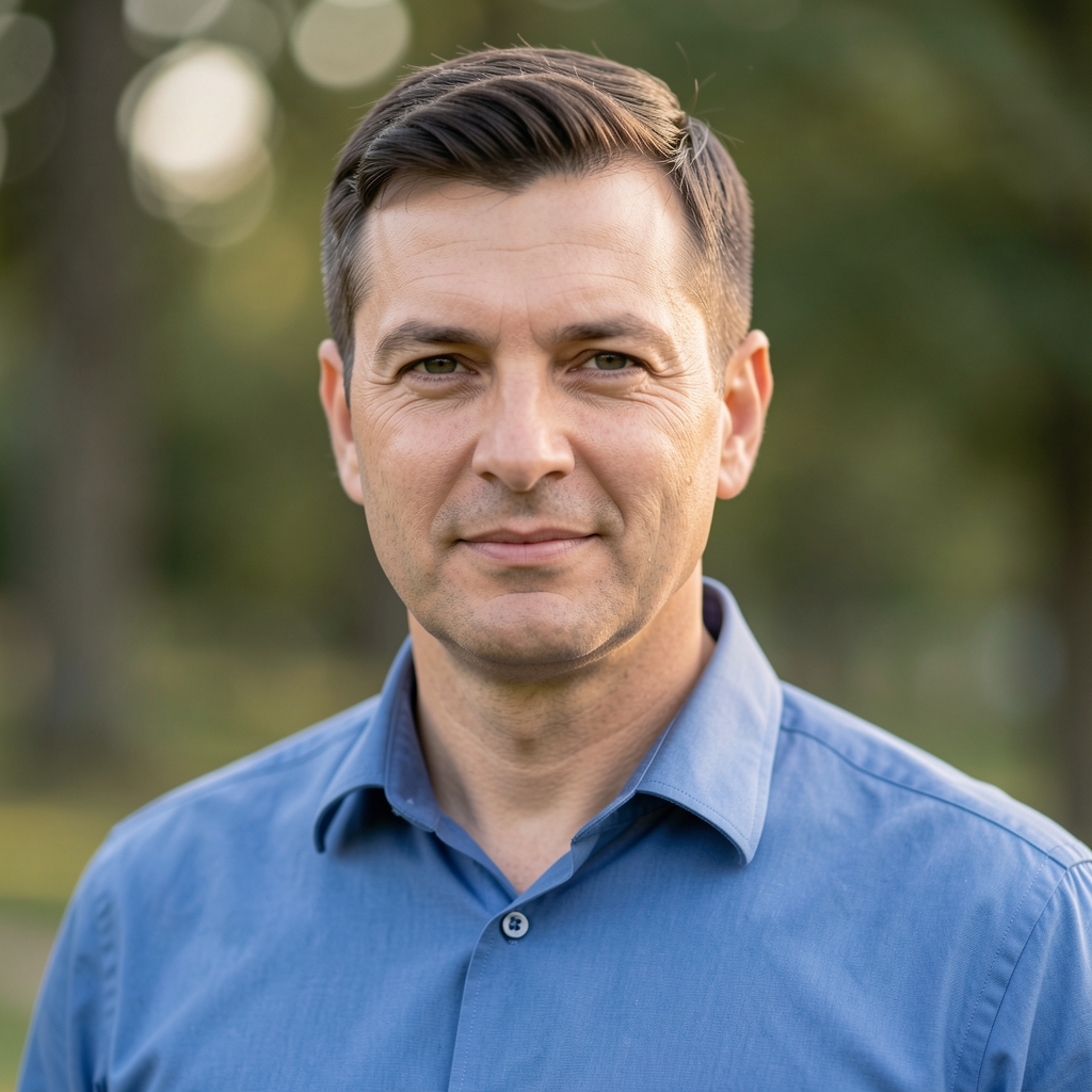 Otac koji drži bebu i osmehuje se, poslovni enterijer u pozadini