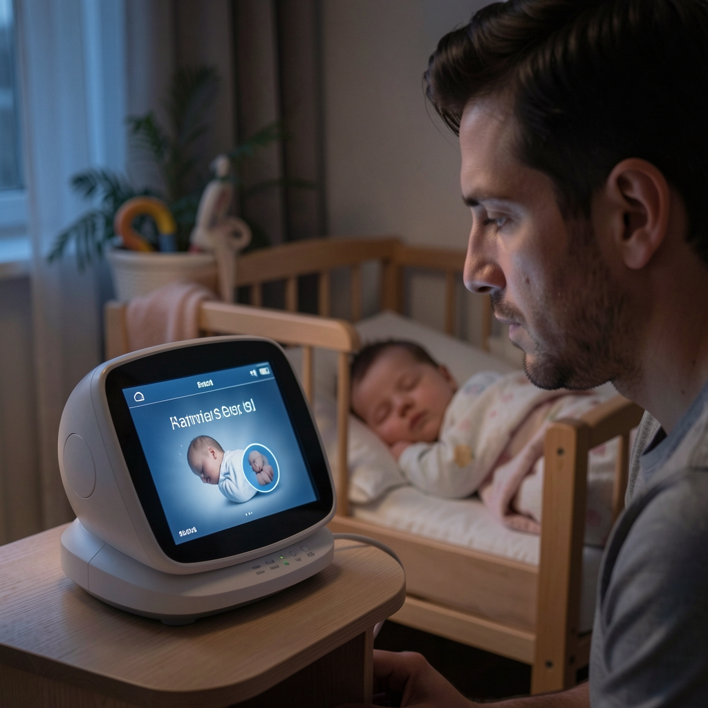 Roditelj gleda u baby monitor ekran dok beba spava u kolevci u pozadini noćnom svetlošću