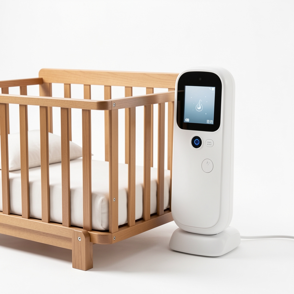 Moderni digitalni baby monitor sa noćnim vidom na beloj pozadini pored kolevke