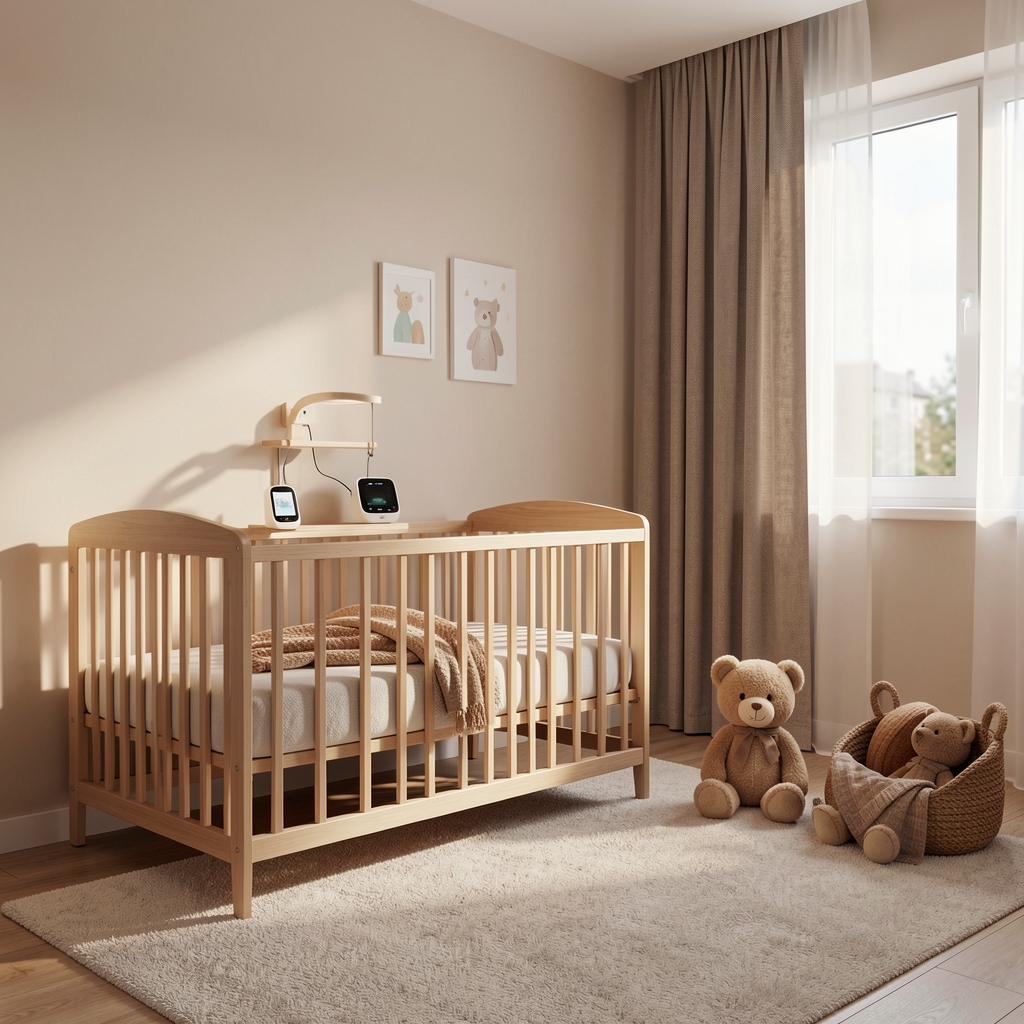 Moderna svetla dečja soba sa pametnim uređajima za bebe, kolevkom i baby monitorom u toplim tonovima