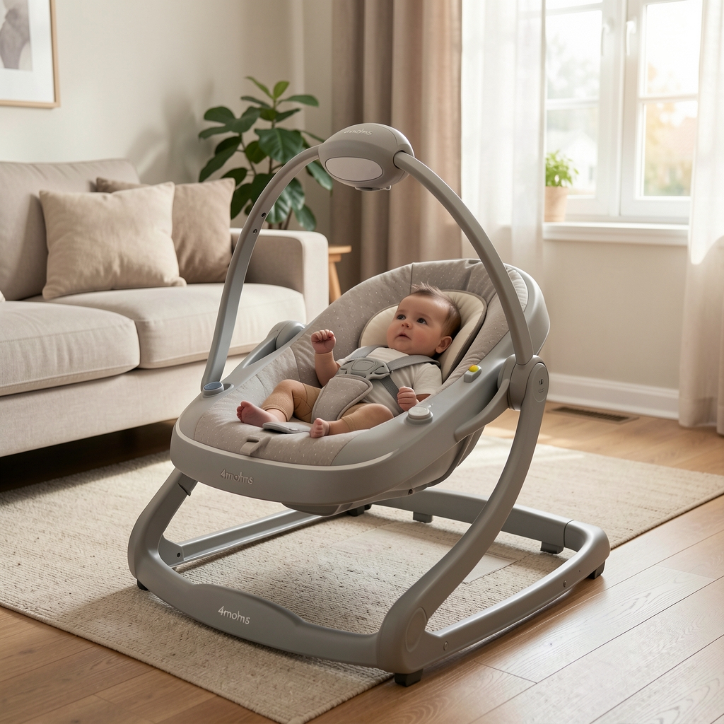 4moms MamaRoo električna kolevka sa modernim sivim dizajnom i mobilom iznad bebe u dnevnoj sobi