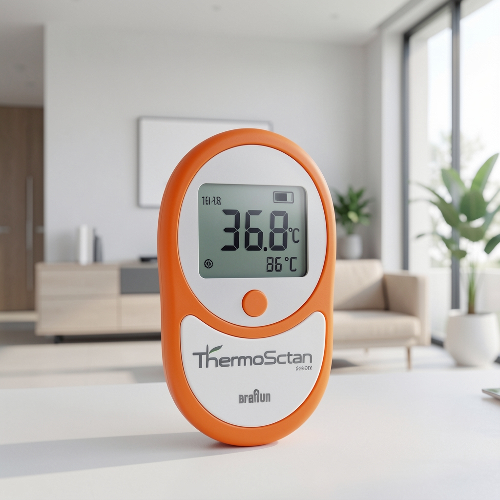 Braun ThermoScan 7 ušni termometar za bebe narandžaste boje na beloj pozadini