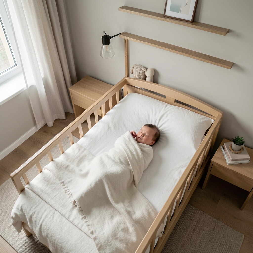 Nanit Pro baby camera sa zidnim nosačem i pogledom odozgo na krevetac bebe u modernoj sobi