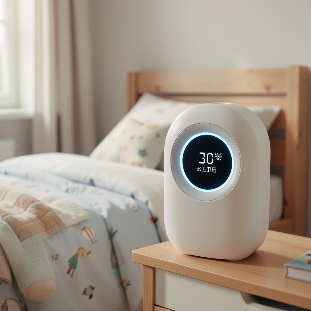 Philips Series 1000 prečišćivač vazduha u beloj boji sa okruglim LED displejem za kvalitet vazduha pored dečjeg kreveta